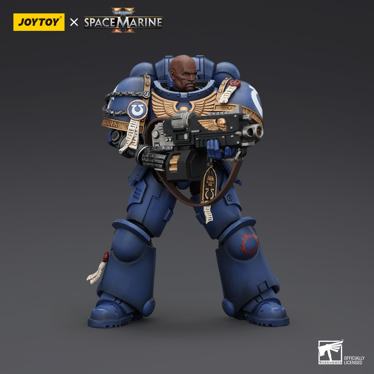 Ultramarines Soldier Chairon, front view, helmet off. Classic blue power armor with chapter insignia clearly displayed.