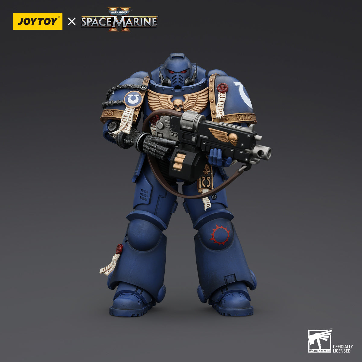 Ultramarines Soldier Chairon, front view, helmet on. Classic blue power armor with chapter insignia clearly displayed.