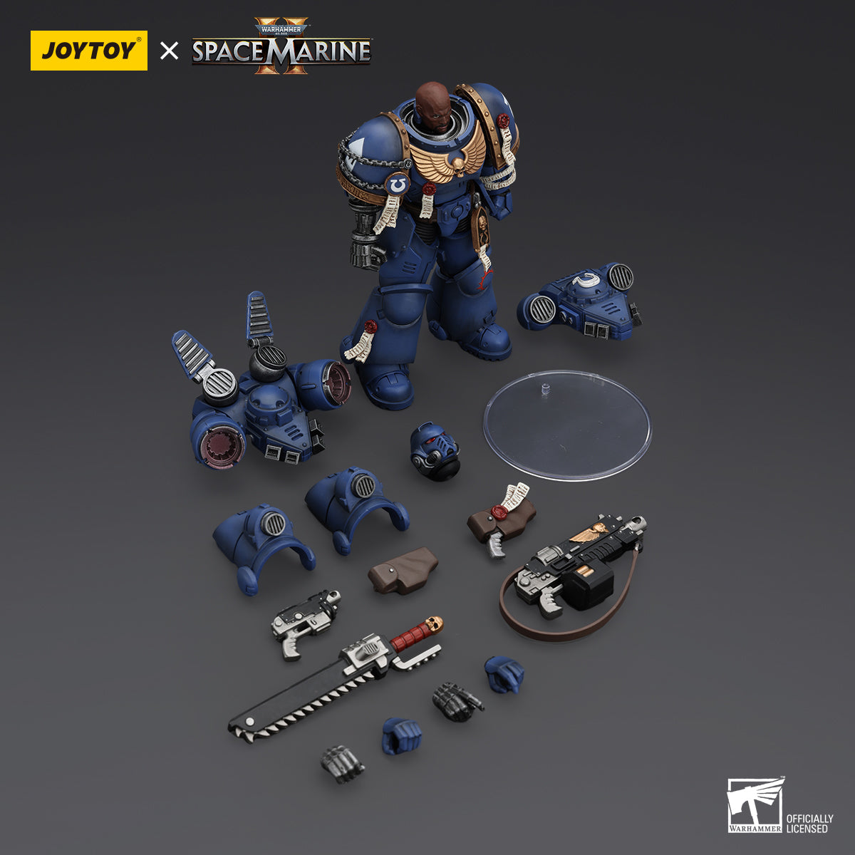 Package contents for Ultramarines Soldier Chairon, including figure, weapon accessories, interchangeable hands, and gear.