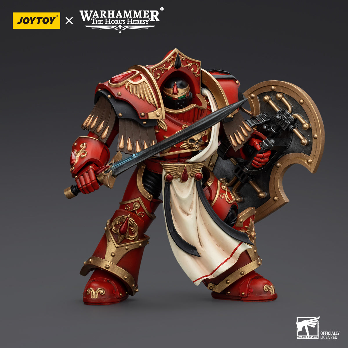 Blood Angels Crimson Paladin in dynamic combat pose, wielding his weapon and standing firm, ready to charge into battle with intense focus and the power of the Blood Angels behind him.