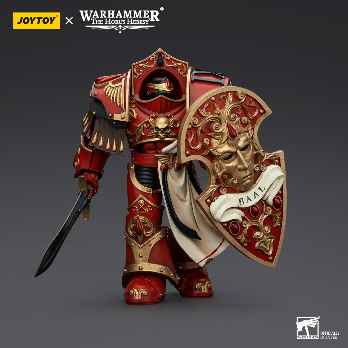 Blood Angels Crimson Paladin in marching pose, confidently advancing with weapon in hand, ready for action.