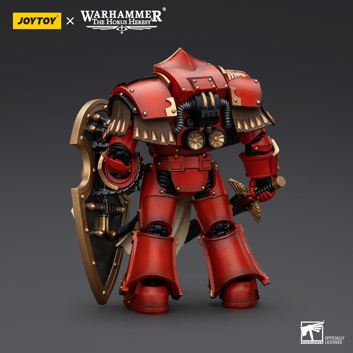 Back view of Blood Angels Crimson Paladin, focusing on the rear of the powerful power armor, with the jetpack and armor detailing visible as the Paladin stands ready to engage enemies.