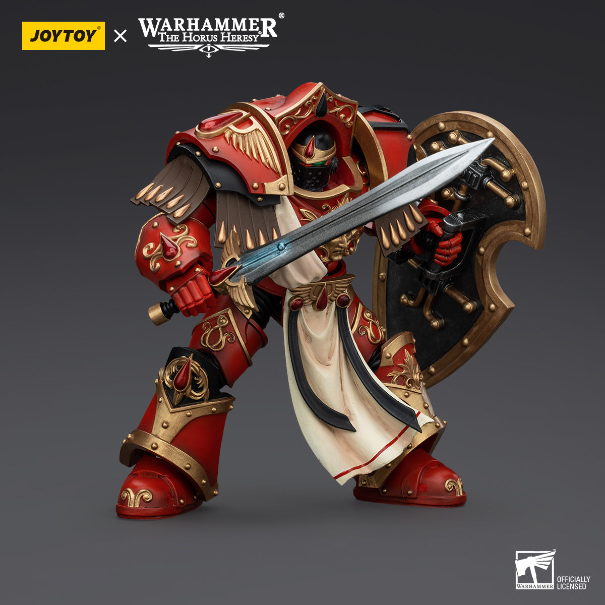 Blood Angels Crimson Paladin in dynamic combat pose, wielding his weapon and standing firm, ready to charge into battle