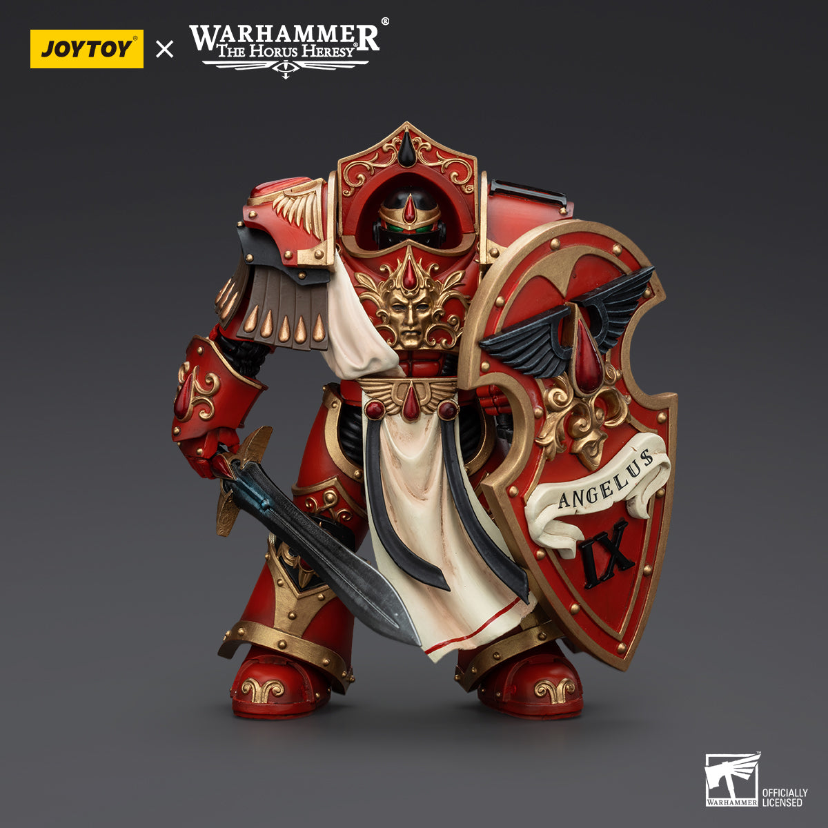 Blood Angels Crimson Paladin, front view. The elite warrior stands tall in the iconic red and gold armor, holding his weapon ready for battle