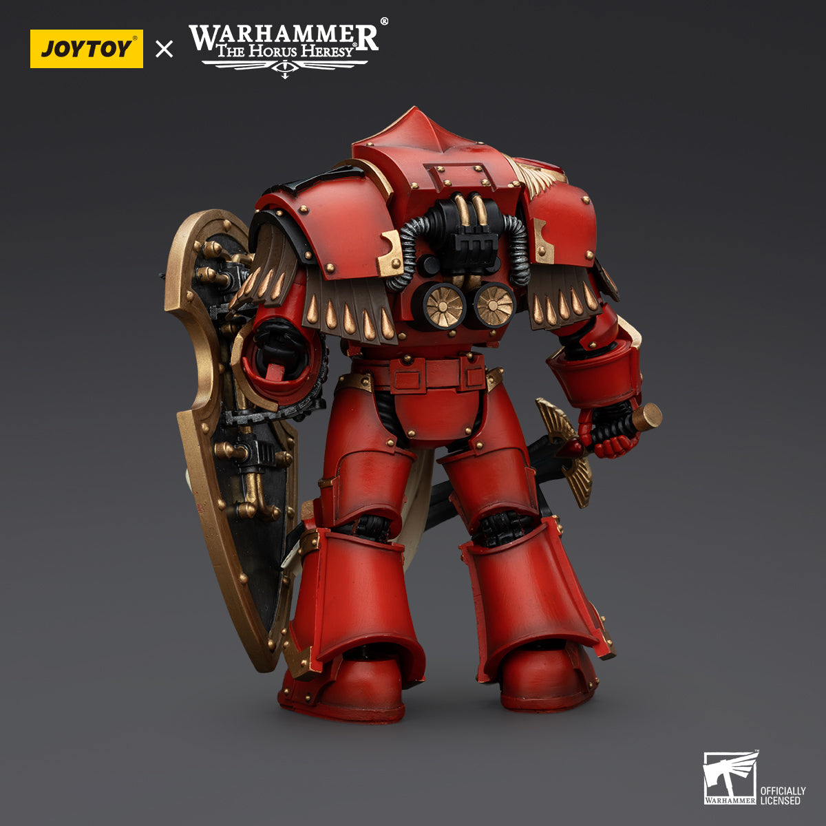Back view of Blood Angels Crimson Paladin, focusing on the rear of the powerful power armor, with the jetpack and armor detailing visible as the Paladin stands ready to engage enemies.