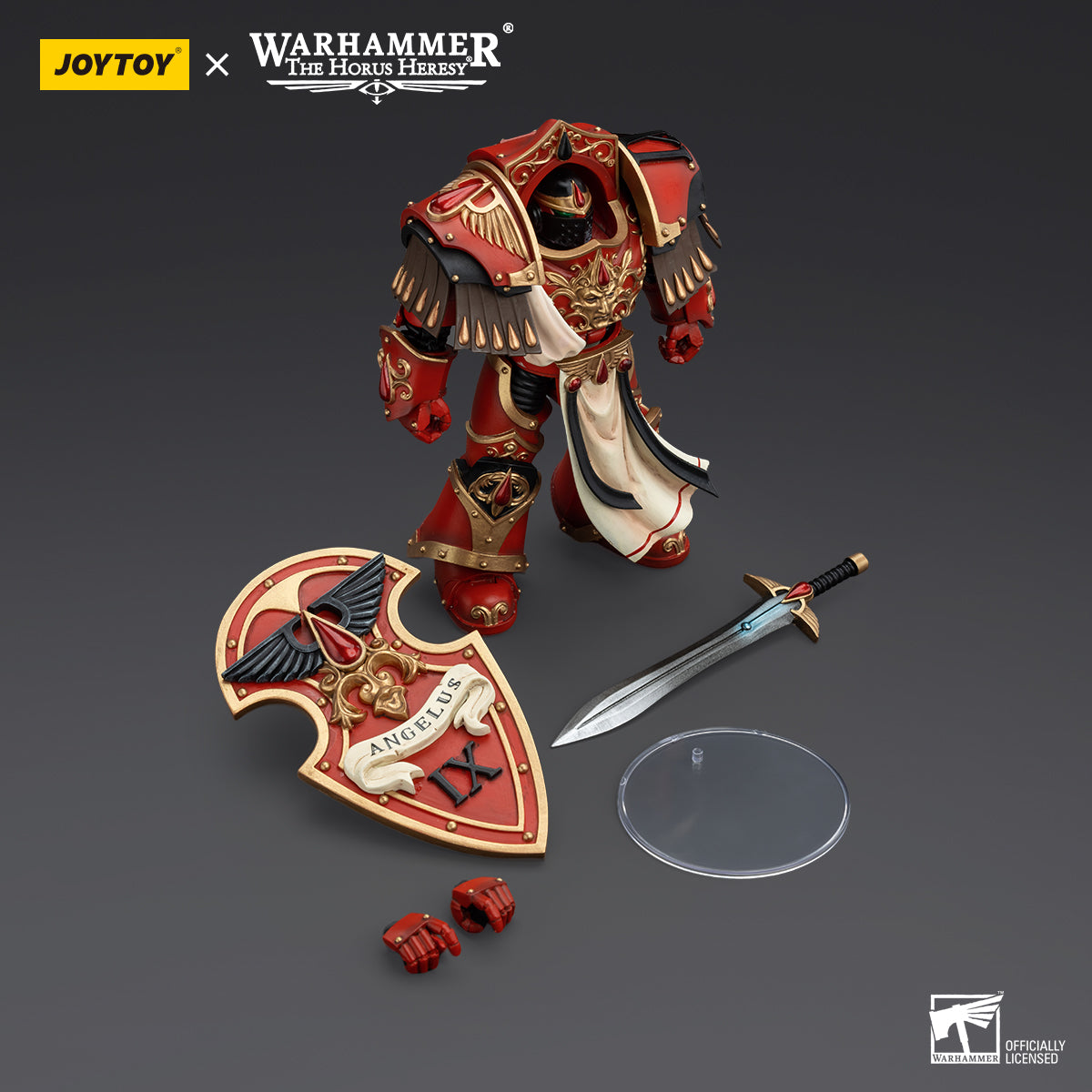 Package contents for Blood Angels Crimson Paladin, including the figure, weapon accessories, and alternate hands