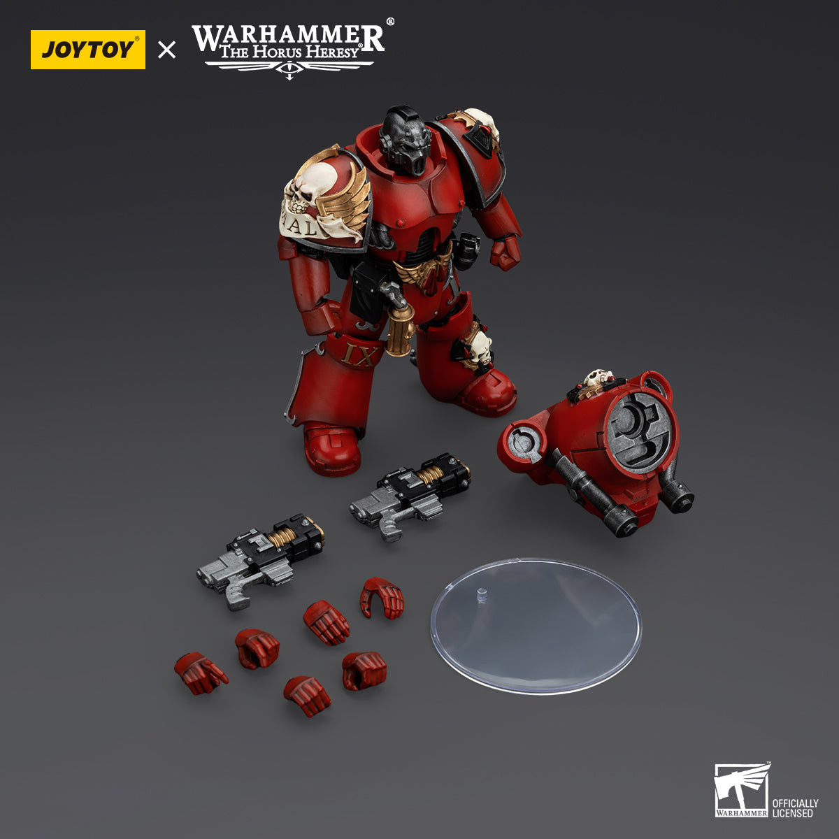 Package contents for Blood Angels Erelim with Volkite Serpentas, including the figure, Volkite Serpentas, interchangeable hands, and armor accessories.