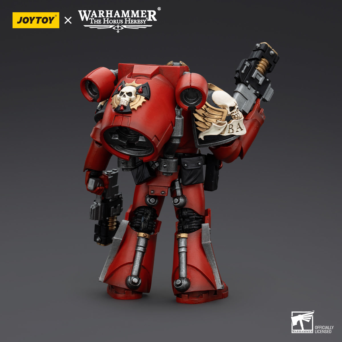 Back view of Blood Angels Arch-Erelim with Volkite Serpentas, emphasizing the detailed power pack, rear armor, and weapon placement.