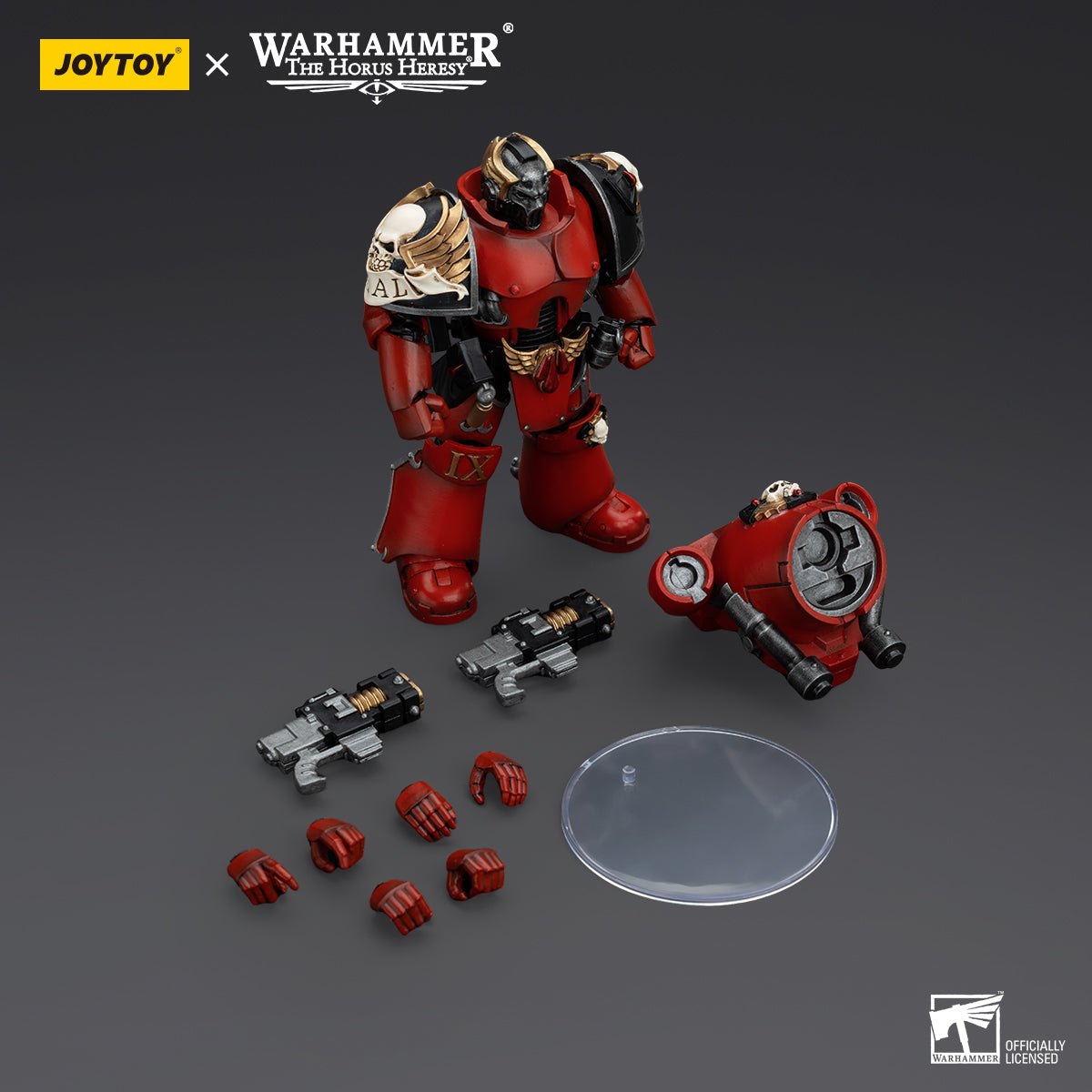 Package contents for Blood Angels Arch-Erelim with Volkite Serpentas, including the figure, Volkite Serpentas, interchangeable hands, and additional armor accessories.