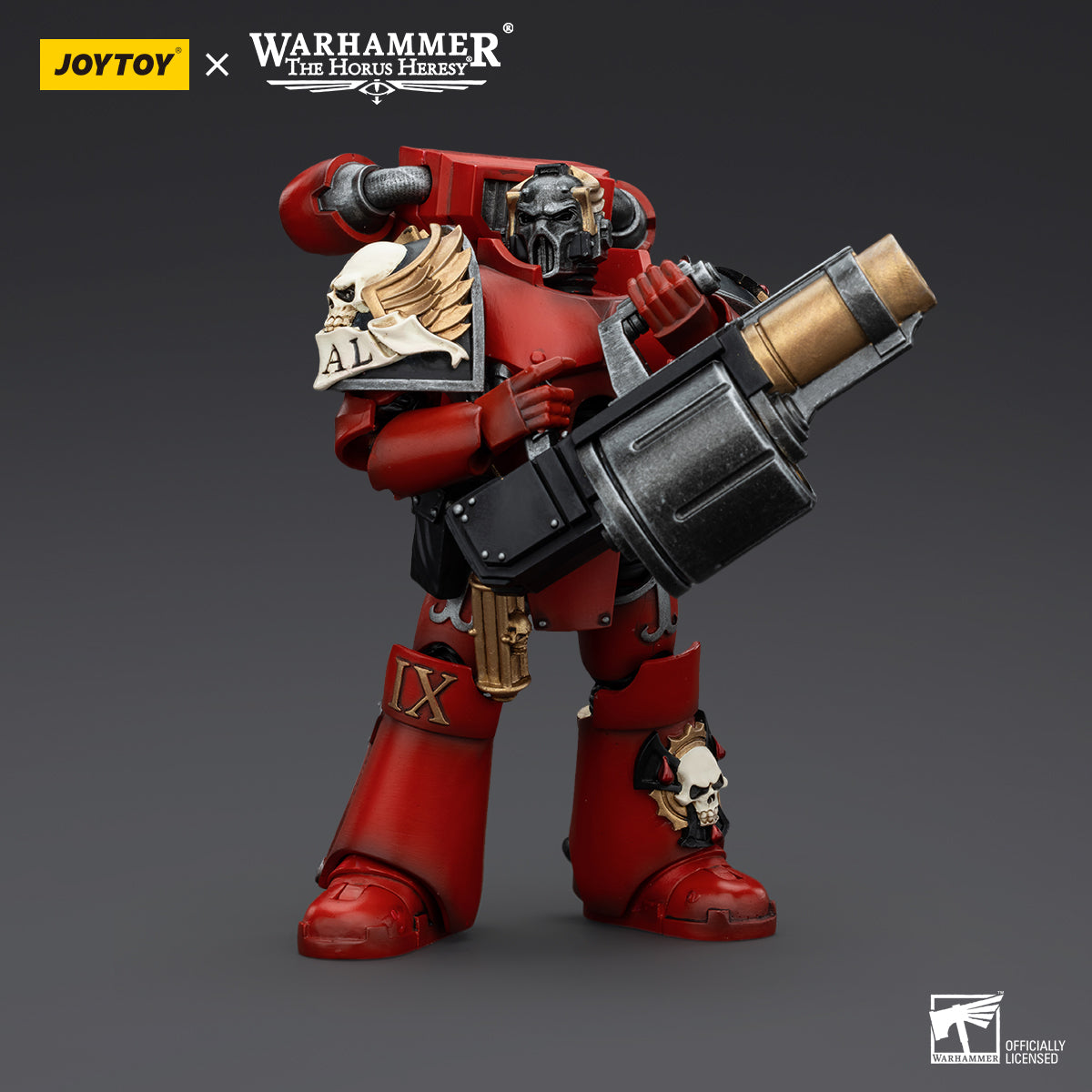 Blood Angels Arch-Erelim from Angel's Tears Squad, armed with a Grenade Launcher, front view. The figure stands in his signature red and gold armor, holding the grenade launcher in a ready stance, with intricate chapter insignia and detailed armor visible.