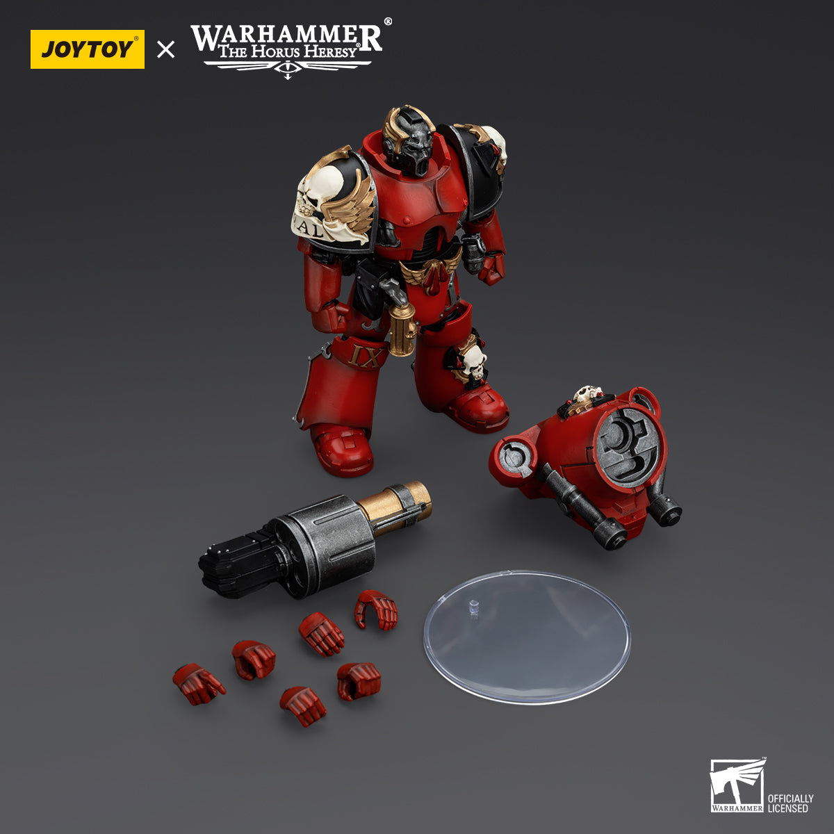 Package contents for Blood Angels Arch-Erelim with Grenade Launcher, including the figure, grenade launcher, interchangeable hands, and additional armor accessories