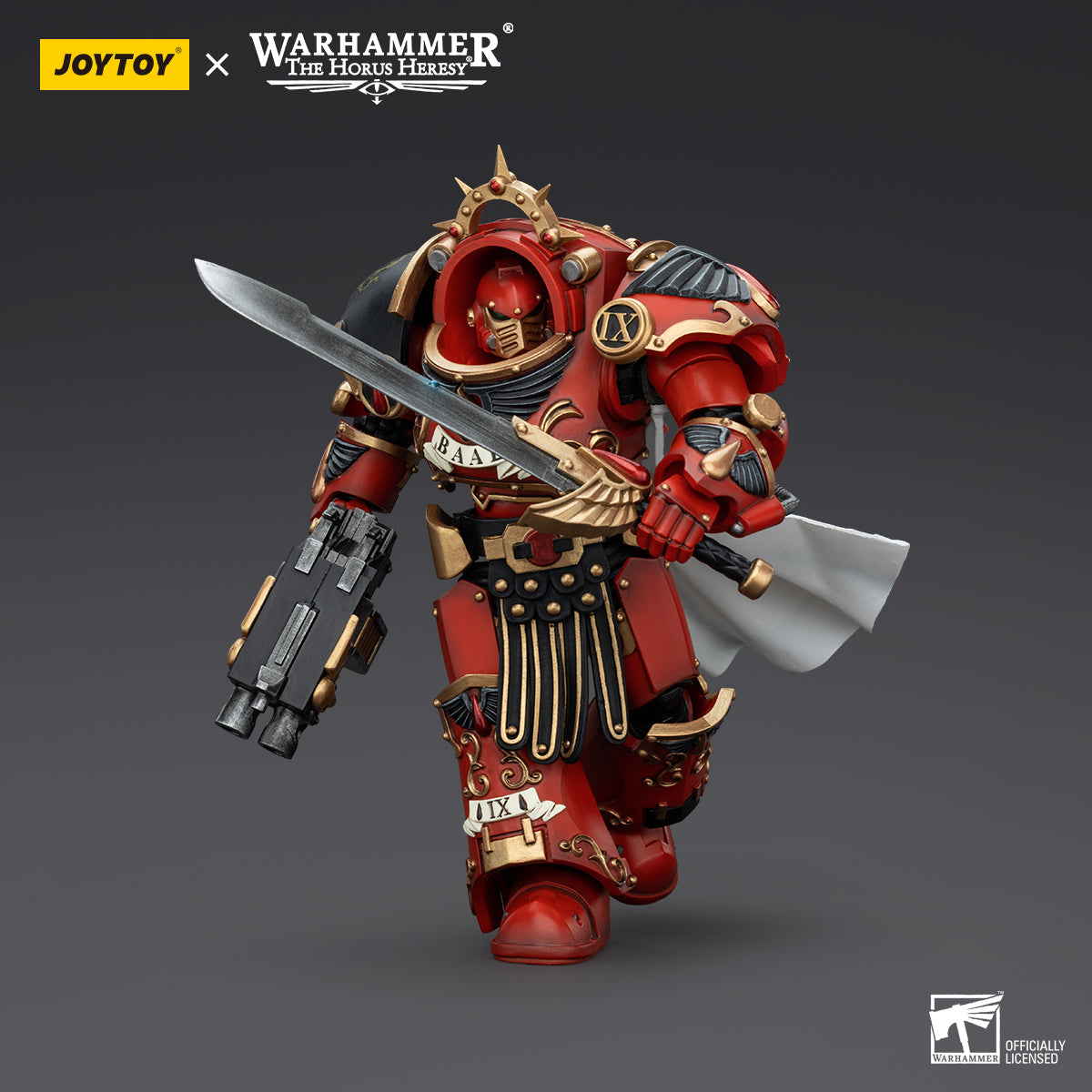Blood Angels Praetor in Tartaros Terminator Armour in combat pose, holding his weapon in a battle-ready stance.
