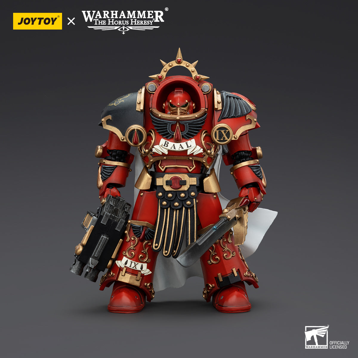 Blood Angels Praetor in Tartaros Terminator Armour, front view. The figure stands with a commanding presence, adorned in the distinctive red and gold Tartaros armor with intricate chapter markings, holding his weapon at the ready