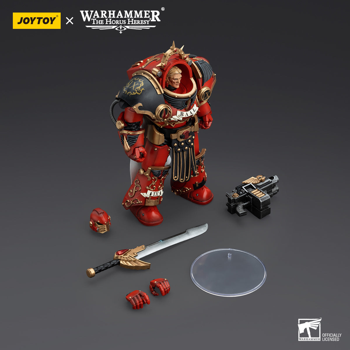 Package contents for Blood Angels Praetor in Tartaros Terminator Armour, including the figure, weapon, interchangeable hands, and additional armor accessories.