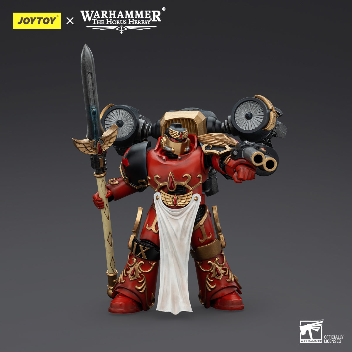 Blood Angels Dawnbreaker Champion in combat pose, holding a weapon with one hand raised in a battle-ready stance.