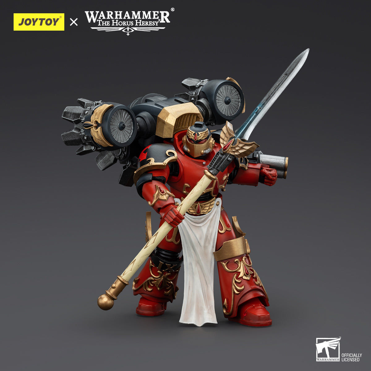 Side view of Blood Angels Dawnbreaker Champion, showcasing the dynamic pose, the champion’s profile, and the ornate detailing of the armor and weaponry.