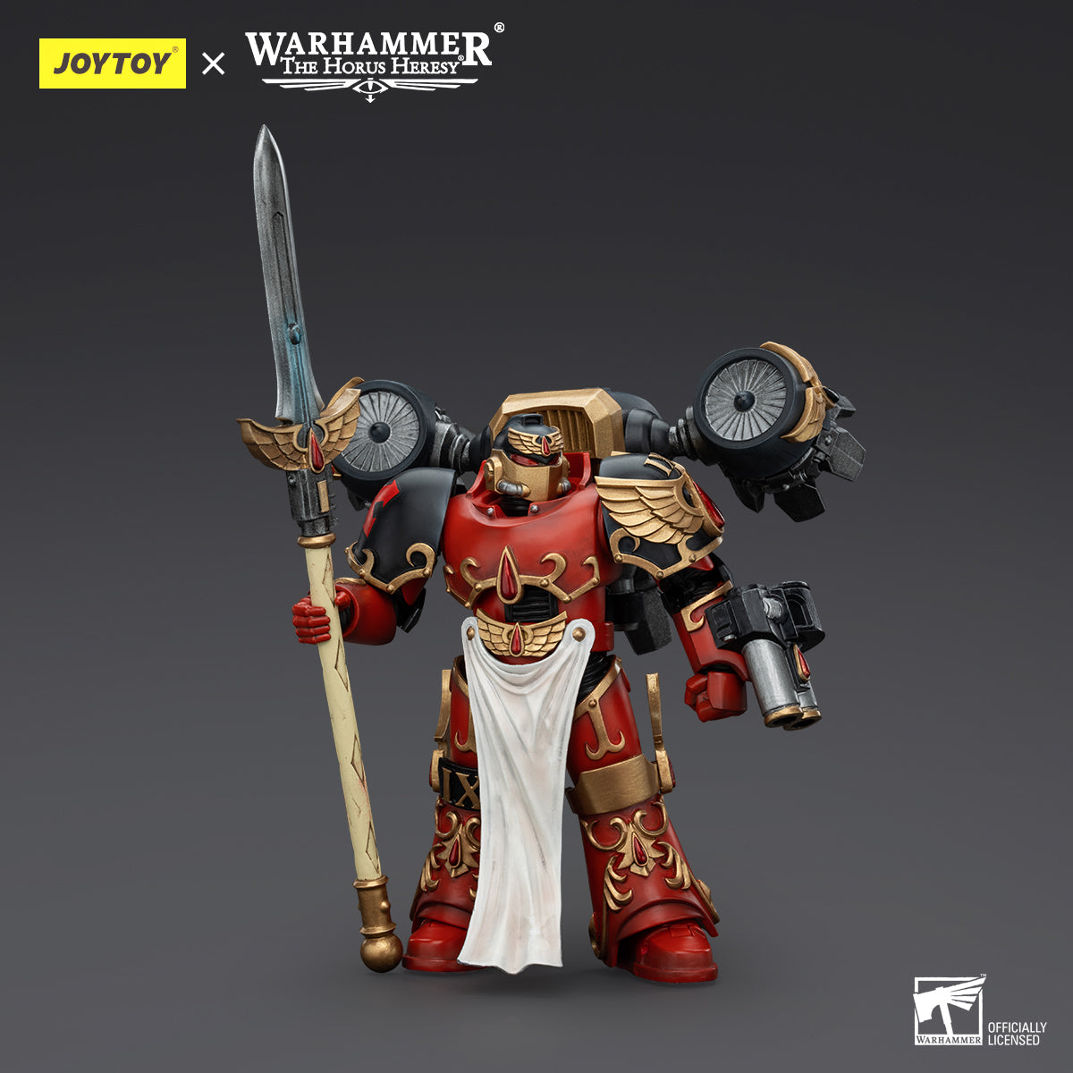 Side view of Blood Angels Dawnbreaker Champion, showcasing the dynamic pose, the champion’s profile, and the ornate detailing of the armor and weaponry.