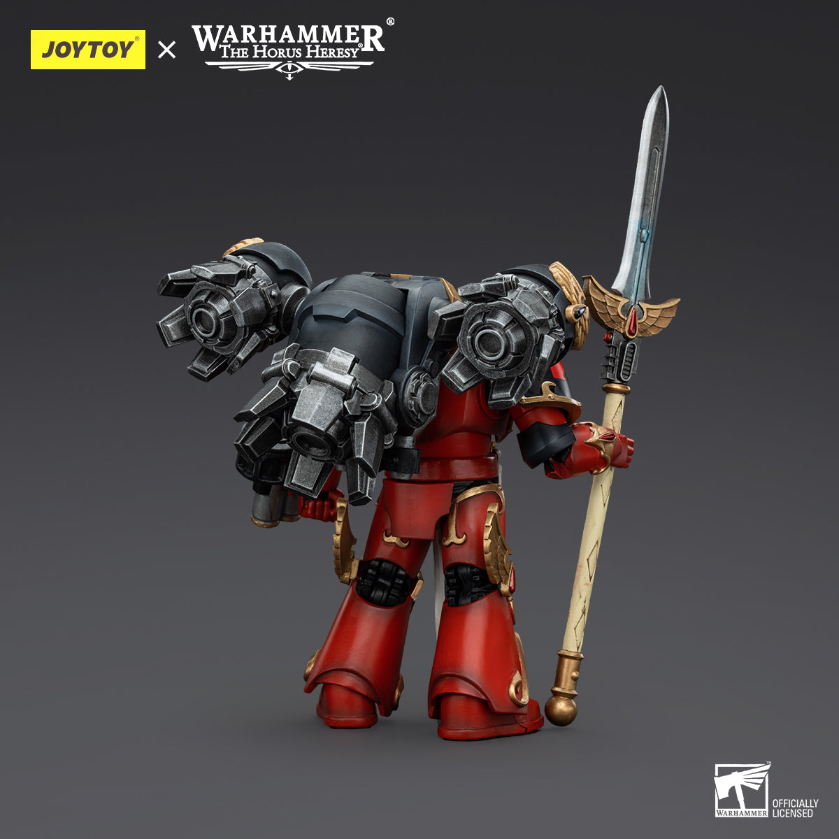 Back view of Blood Angels Dawnbreaker Champion, emphasizing the rear armor, backpack, and the rear of the weaponry.
