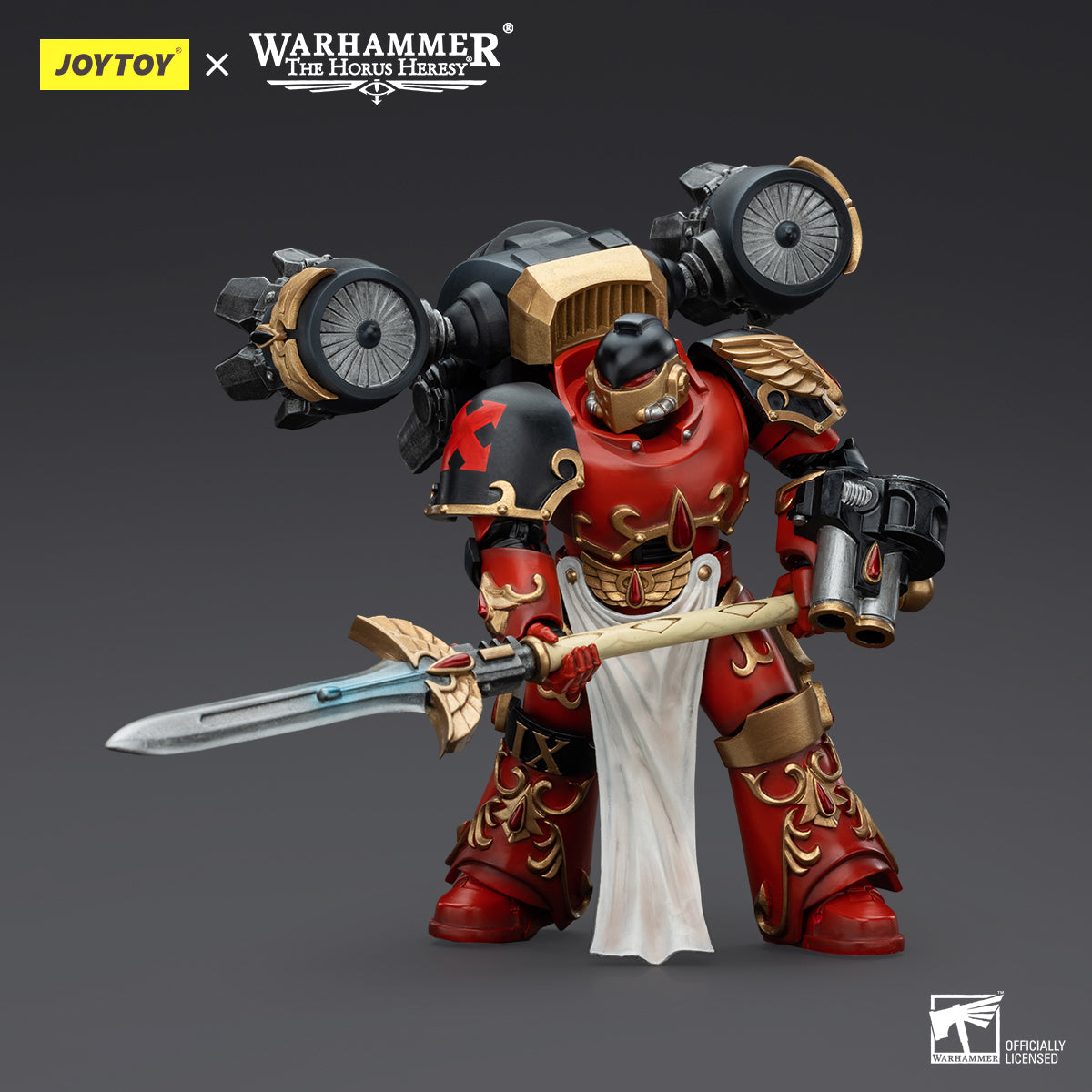 Blood Angels Dawnbreaker in combat stance, holding a weapon at the ready, fully armored and prepared for the next move in the thick of battle.