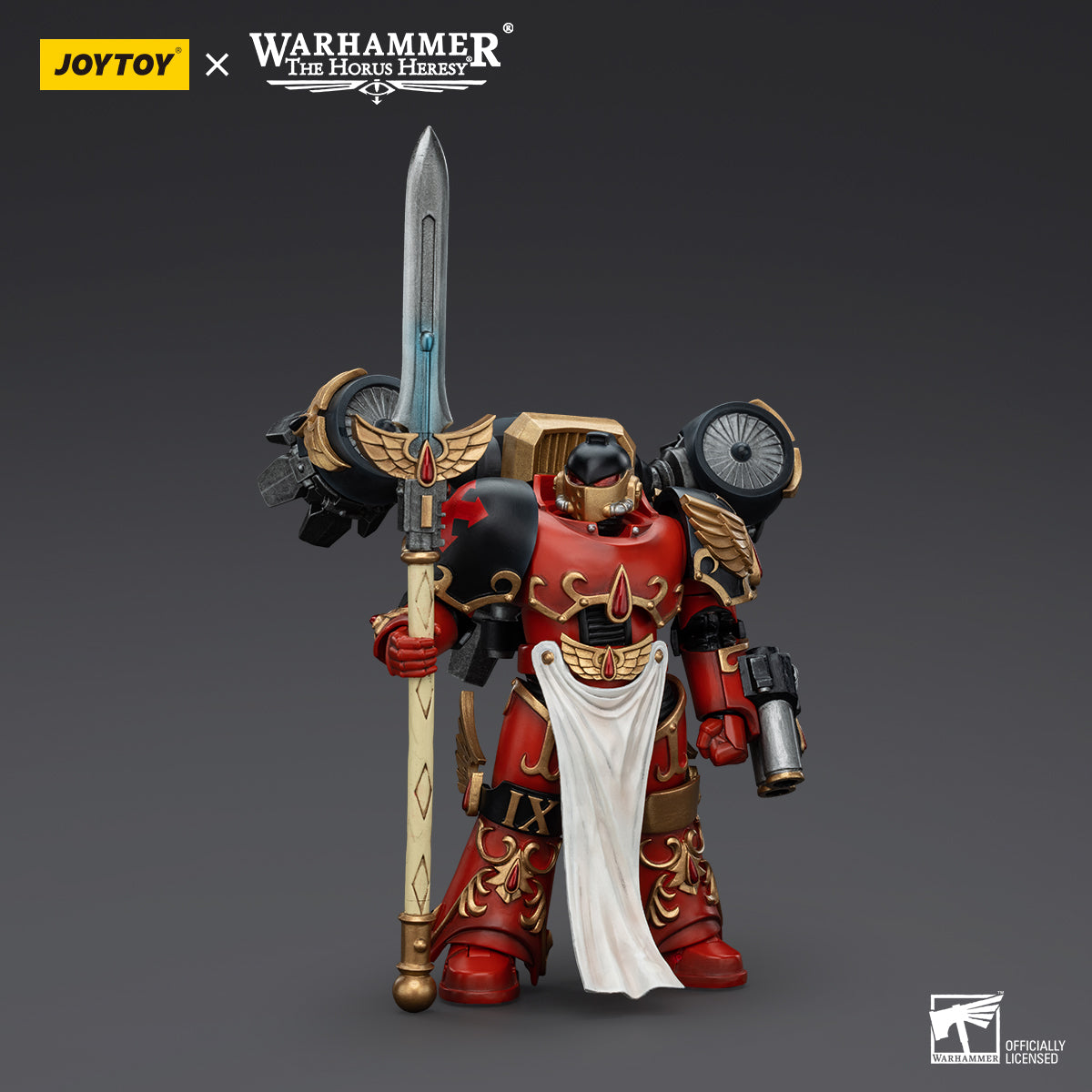 Side view of Blood Angels Dawnbreaker, highlighting the figure’s profile, with the Dawnbreaker’s weapon raised in an alert battle position and intricate armor detailing visible from the side.