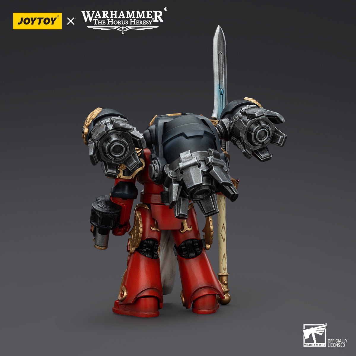 Back view of Blood Angels Dawnbreaker, focusing on the rear armor, backpack, and weapon placement.