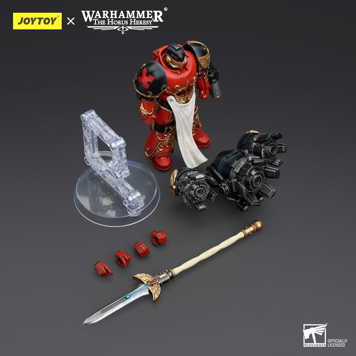 Package contents for Blood Angels Dawnbreaker, including the figure, weaponry, interchangeable hands, and armor accessories