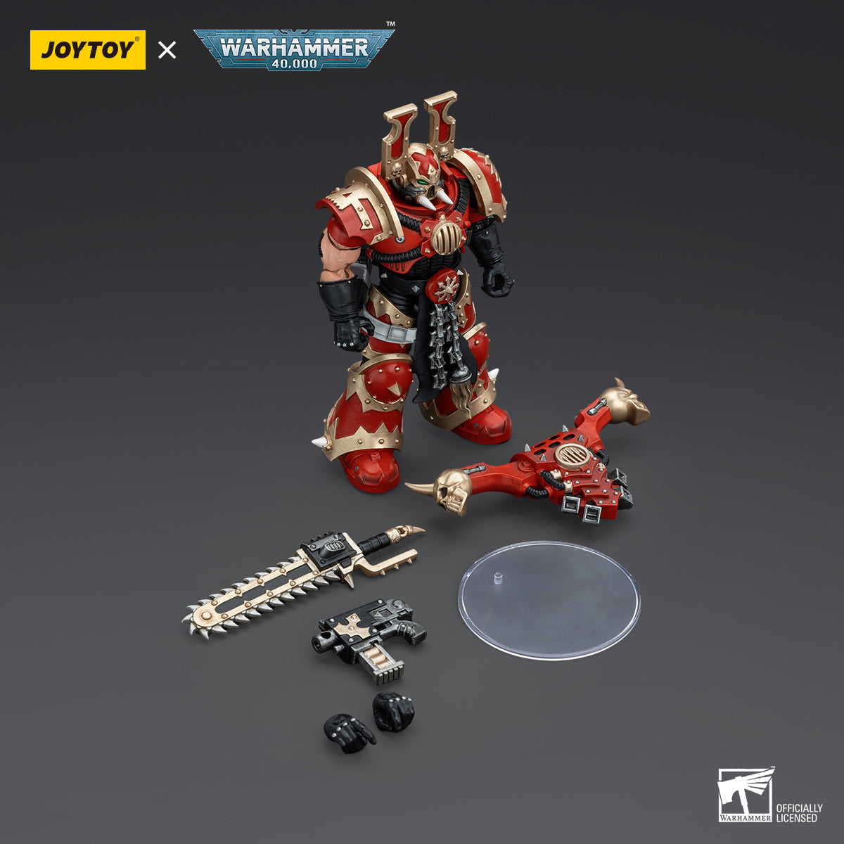 Package contents for World Eaters Khorne Berzerker, including the highly detailed Khorne Berzerker figure, equipped with chainsword, bolt pistol, and optional parts for customizing the pose and loadout.