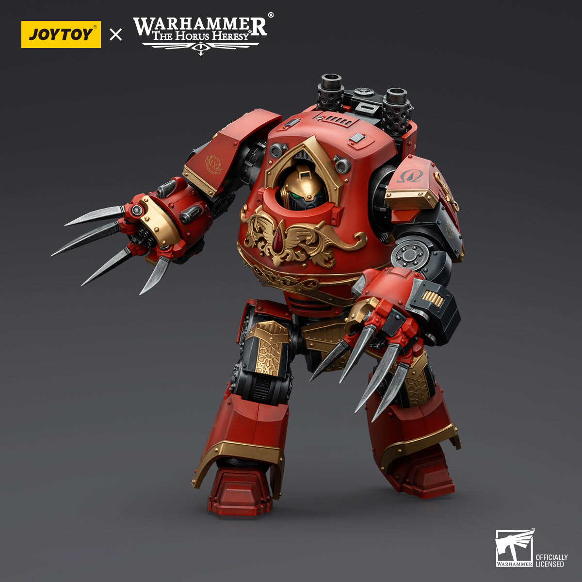 Side view of Blood Angels Contemptor-Incaendius Dreadnought, highlighting the figure’s imposing profile