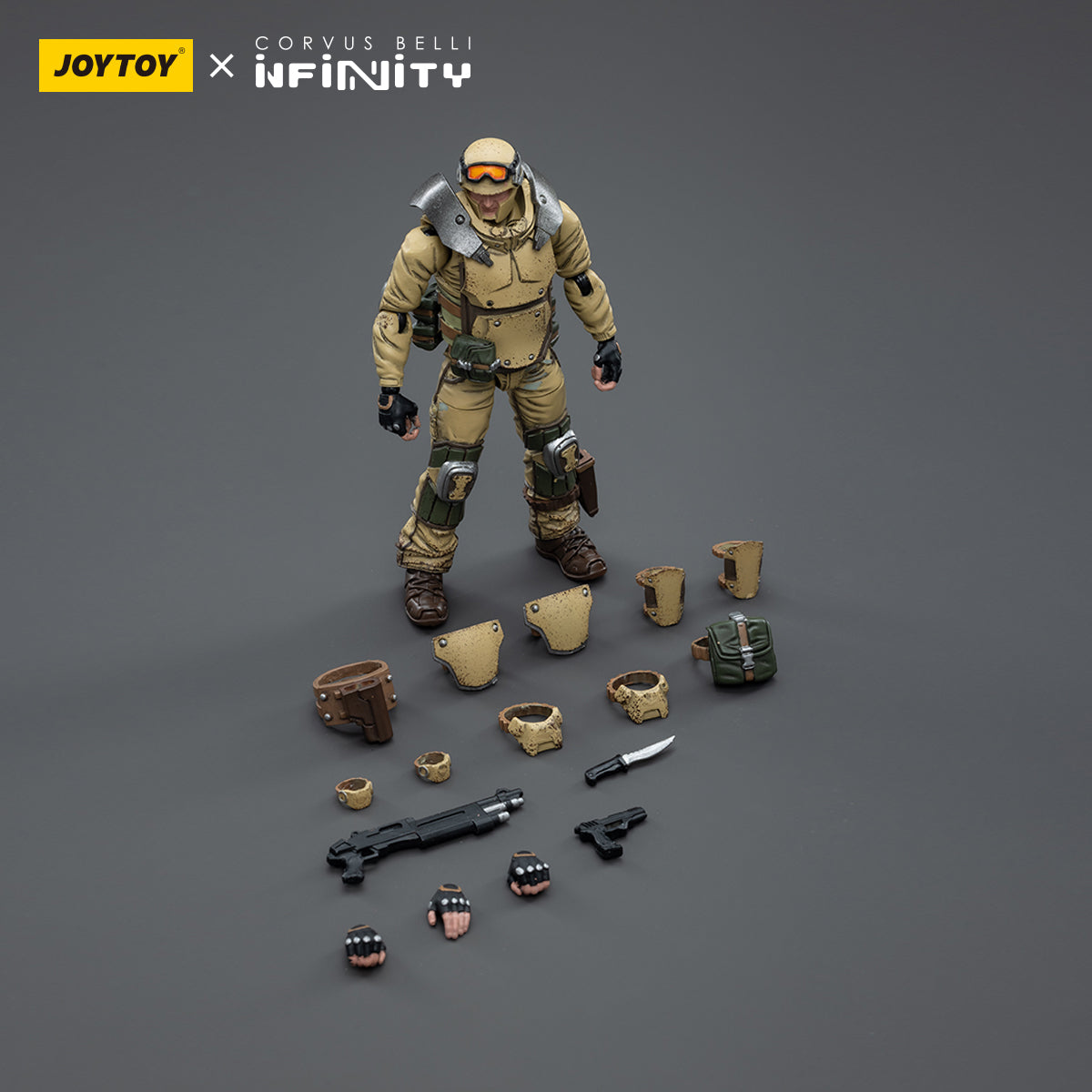 Package contents for Ariadna Marauders - 5307th Range, including the figure, rifle, interchangeable hands, and accessories. Perfect for customizing poses and enhancing the collection.
