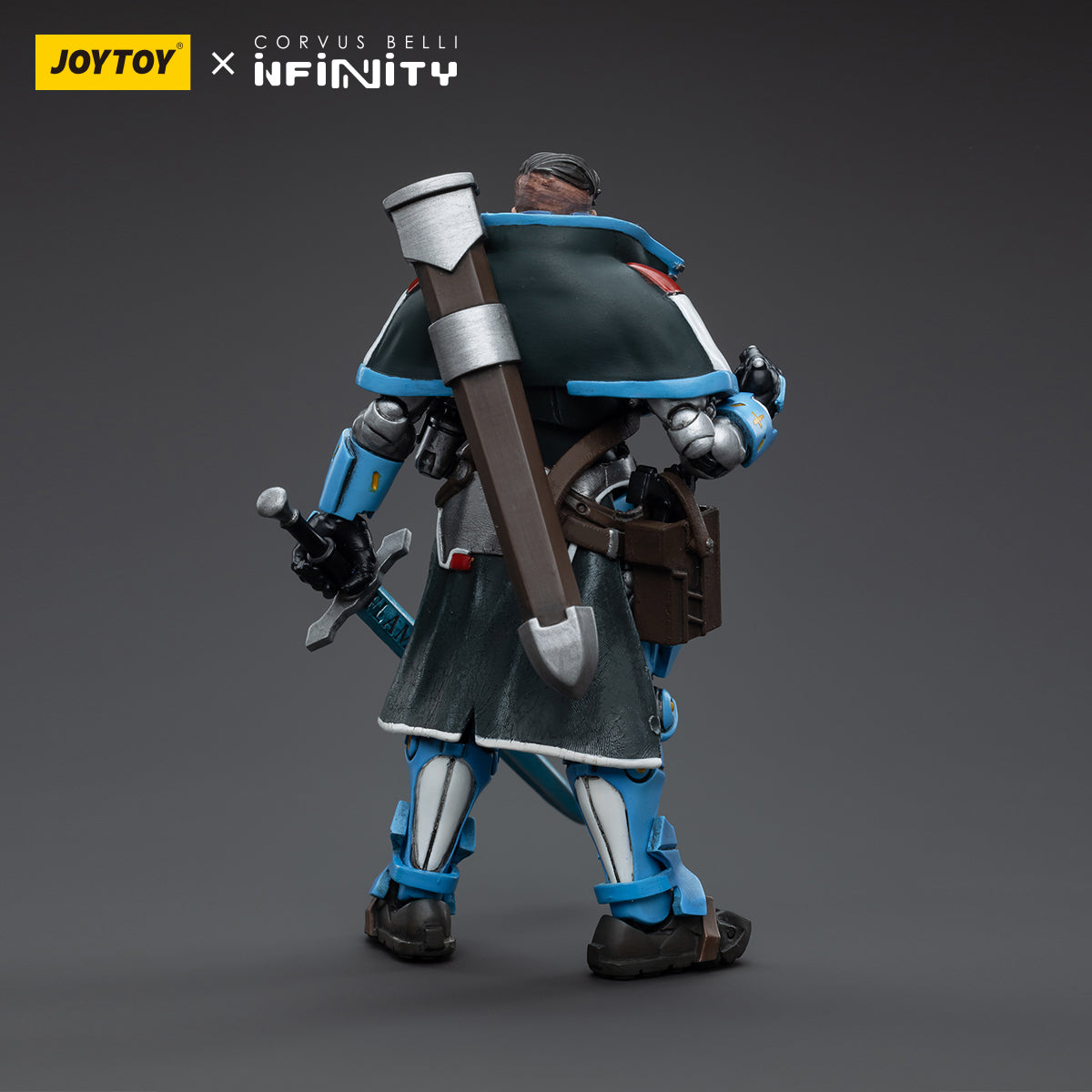 Back view of PanOceania Inquisidor Mendoza, showcasing the intricate design of his tactical armor and the various pouches and equipment mounted on his back.