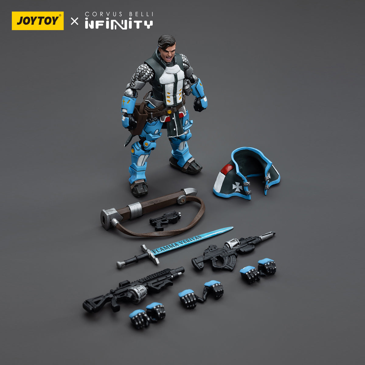 Package contents for PanOceania Inquisidor Mendoza, including the highly detailed miniature of the inquisitor in ornate armor.