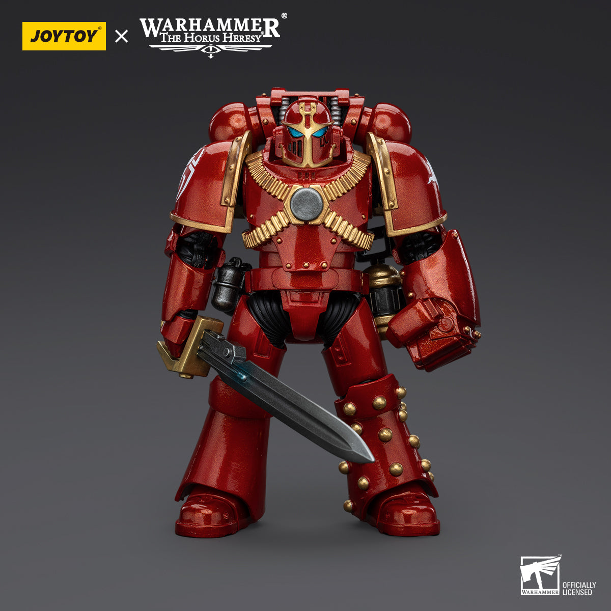 Thousand Sons Sergeant with Power Fist, front view. The Sergeant is clad in ornate MKIV armor, with a powerful Power Fist in readiness, his posture commanding authority and strength.