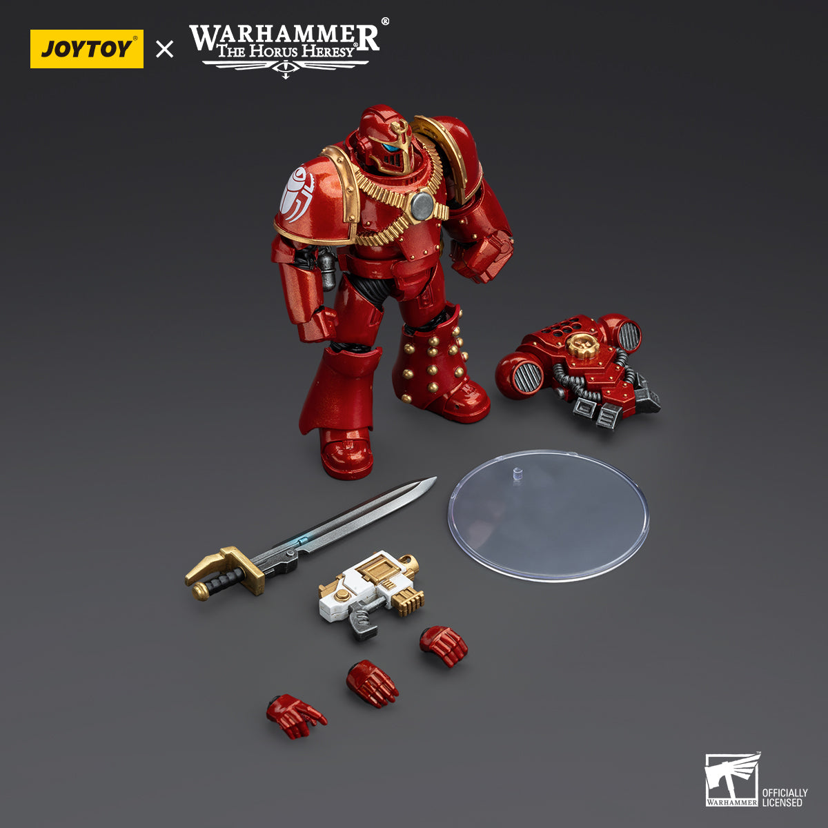 Package contents for Thousand Sons Sergeant with Power Fist, including the figure, Power Fist, interchangeable hands, and pieces to assemble his MKIV armor and accessories.