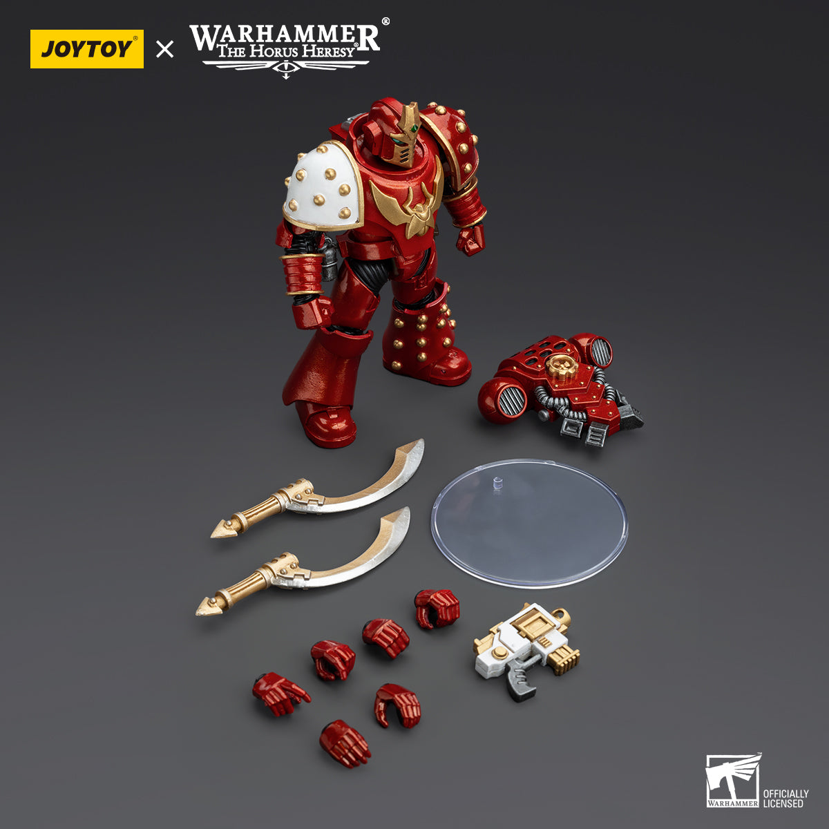 Package contents for Thousand Sons Khenetai Occult Cabal Blademaster, including the figure, blades, and interchangeable armor pieces, carefully packaged for assembly