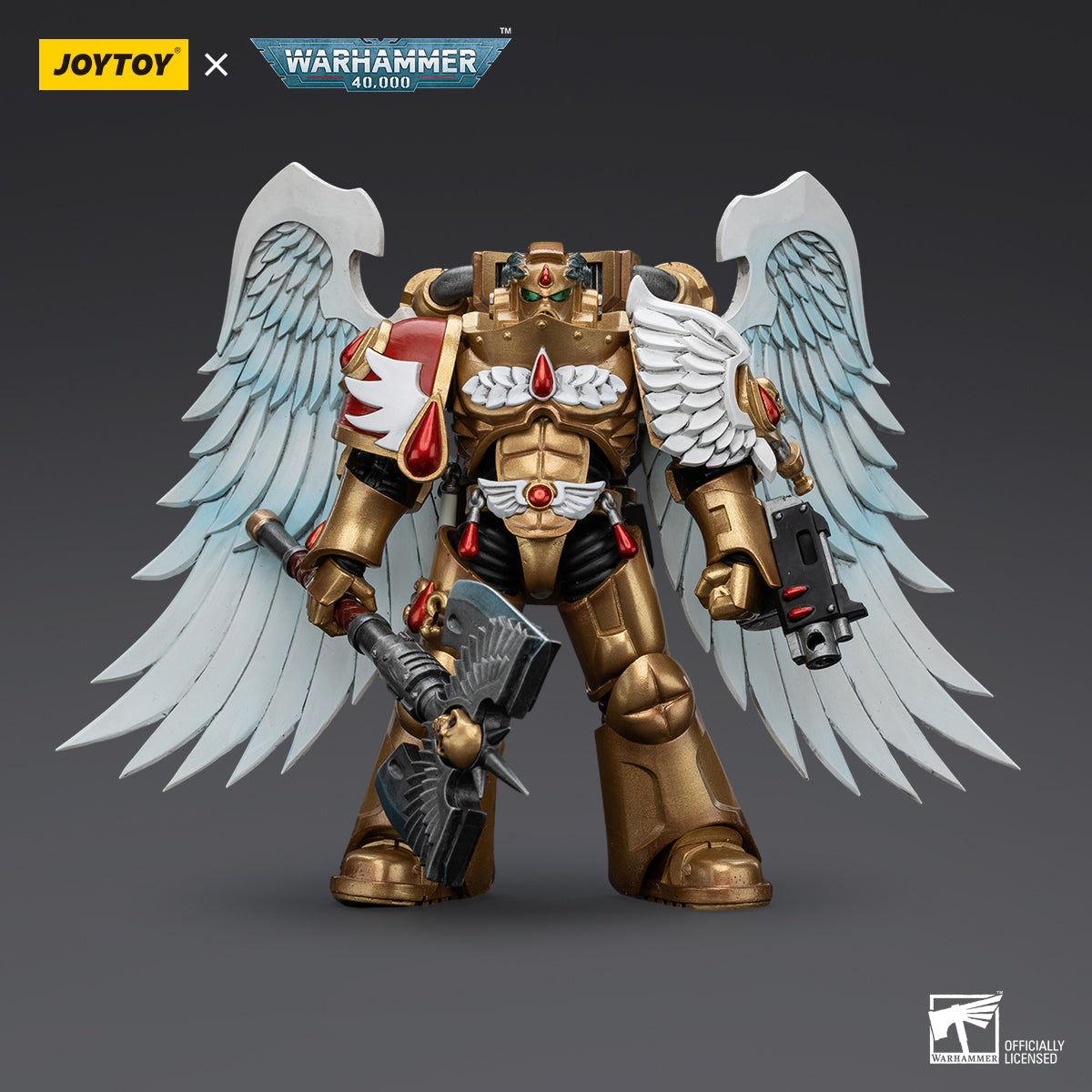 Blood Angels Sanguinary Guard with Encarmine Axe, front view. The figure is elegantly armored in gold and red, holding the iconic Encarmine Axe in a battle-ready stance, with detailed chapter insignia adorning the armor.