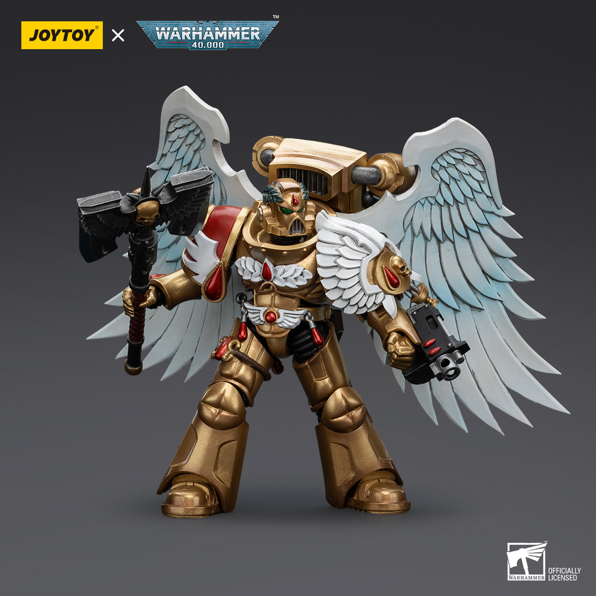 Side view of Blood Angels Sanguinary Guard with Encarmine Axe, showcasing the figure’s profile and majestic pose.