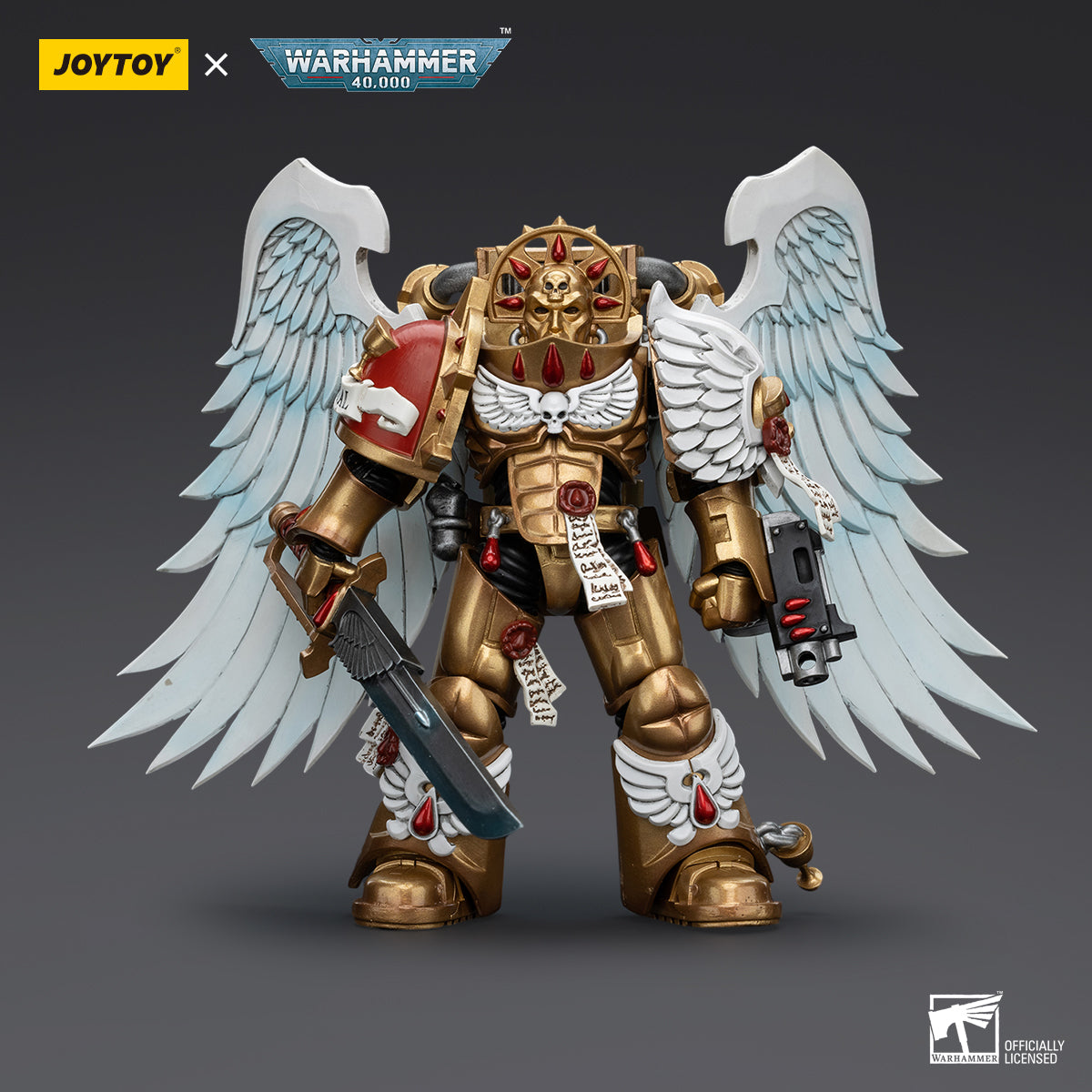 Blood Angels Sanguinary Guard with Encarmine Sword, front view. The figure is armored in gold and red, holding the elegant Encarmine Sword in a battle-ready position