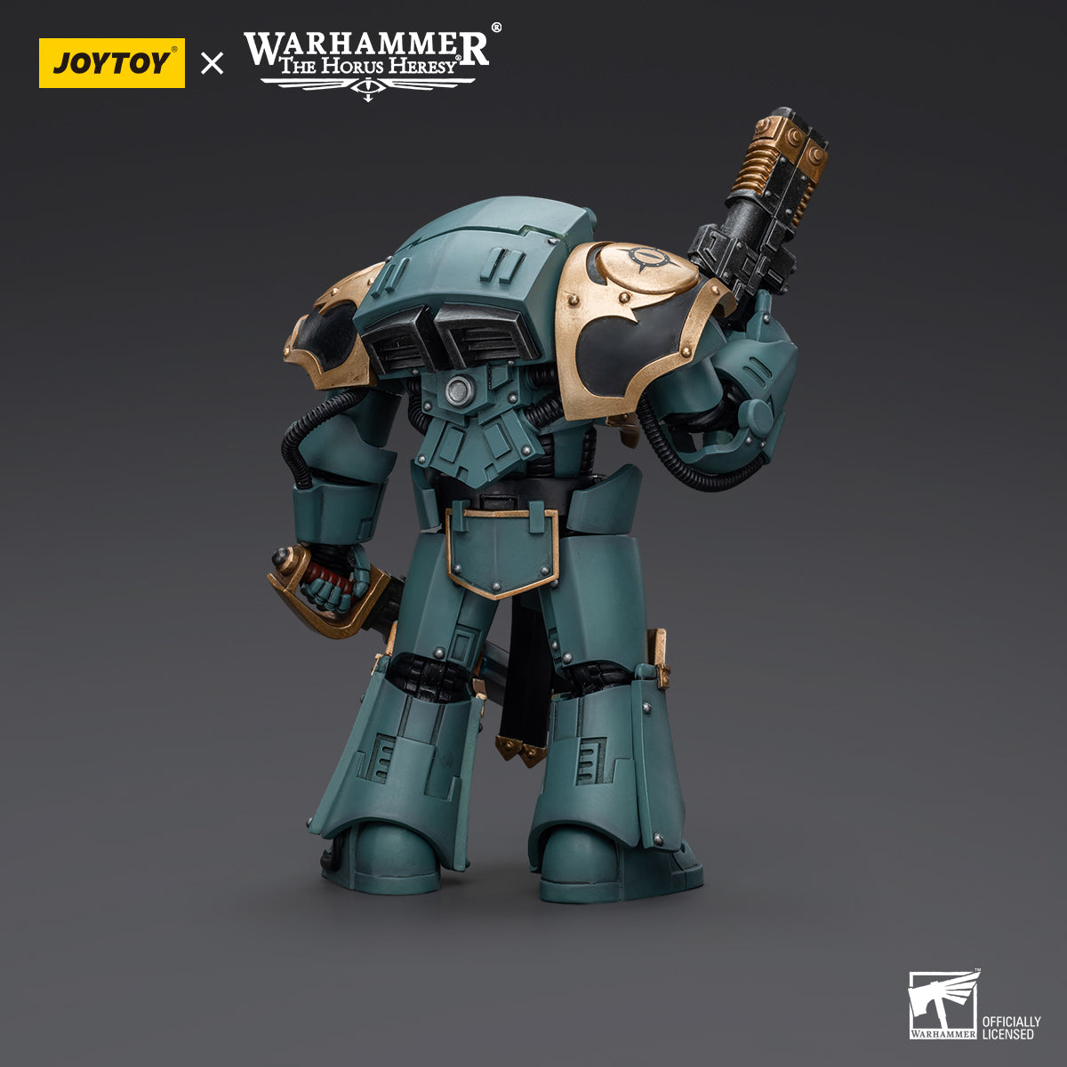 Back view of Sons of Horus Tartaros Terminator Sergeant with Volkite Charger and Power Sword, highlighting the rear armor, power pack, and the positioning of the weapons.