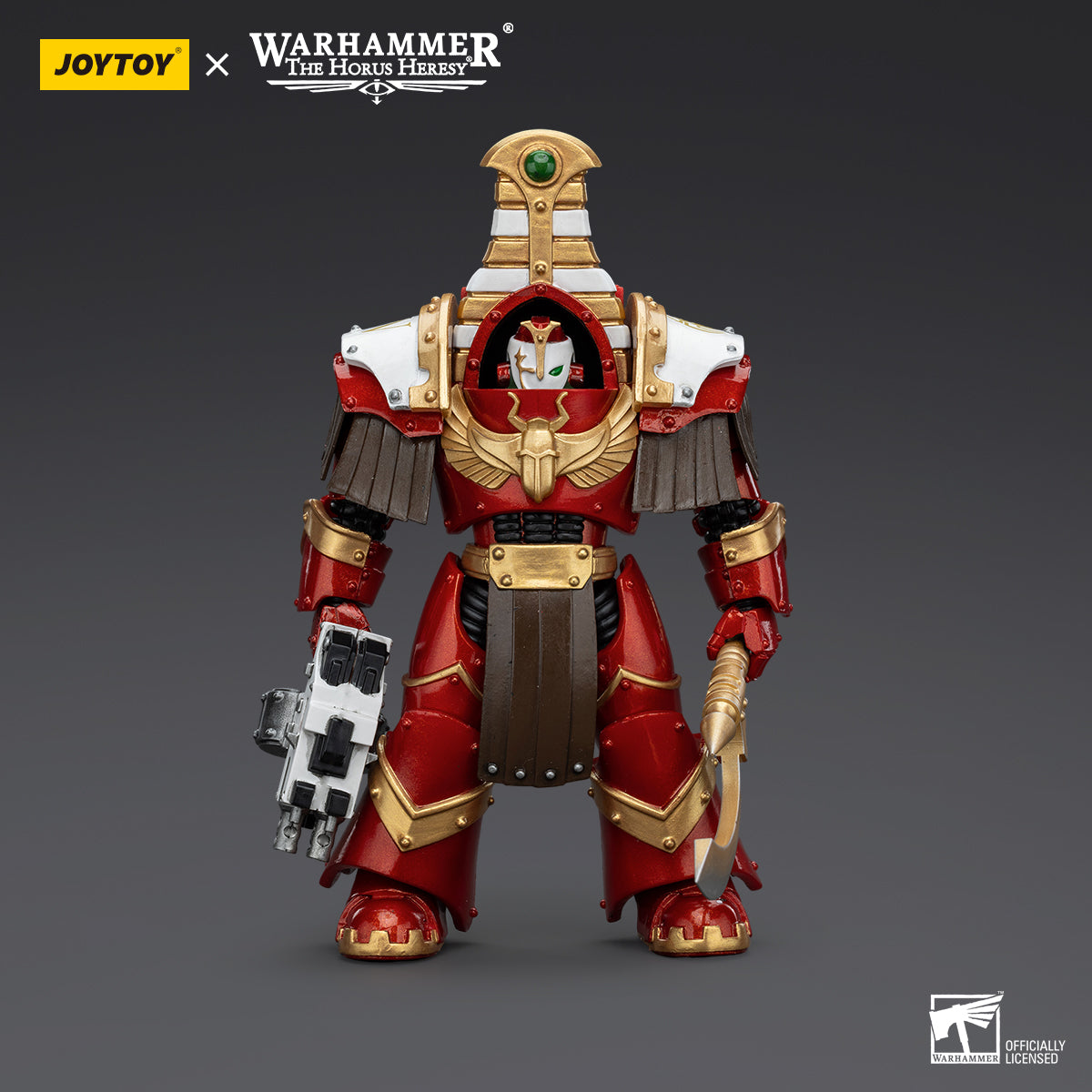 Thousand Sons Sekhmet Terminator Cabal Sekhmet with Combi-Bolter and Achea Force Weapon, front view. Sekhmet stands proudly in Terminator armor, holding the combi-bolter in one hand and the ethereal Achea Force Weapon in the other, embodying the power of the Thousand Sons.
