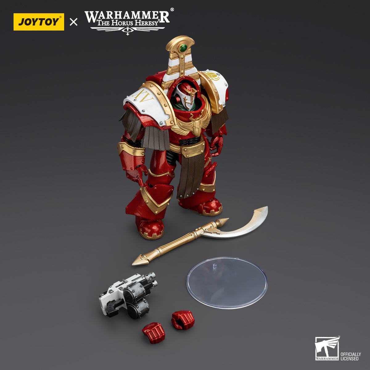 Package contents for Thousand Sons Sekhmet Terminator Cabal Sekhmet with Combi-Bolter and Achea Force Weapon, including the figure, combi-bolter, Achea Force Weapon, interchangeable parts, and accessories.