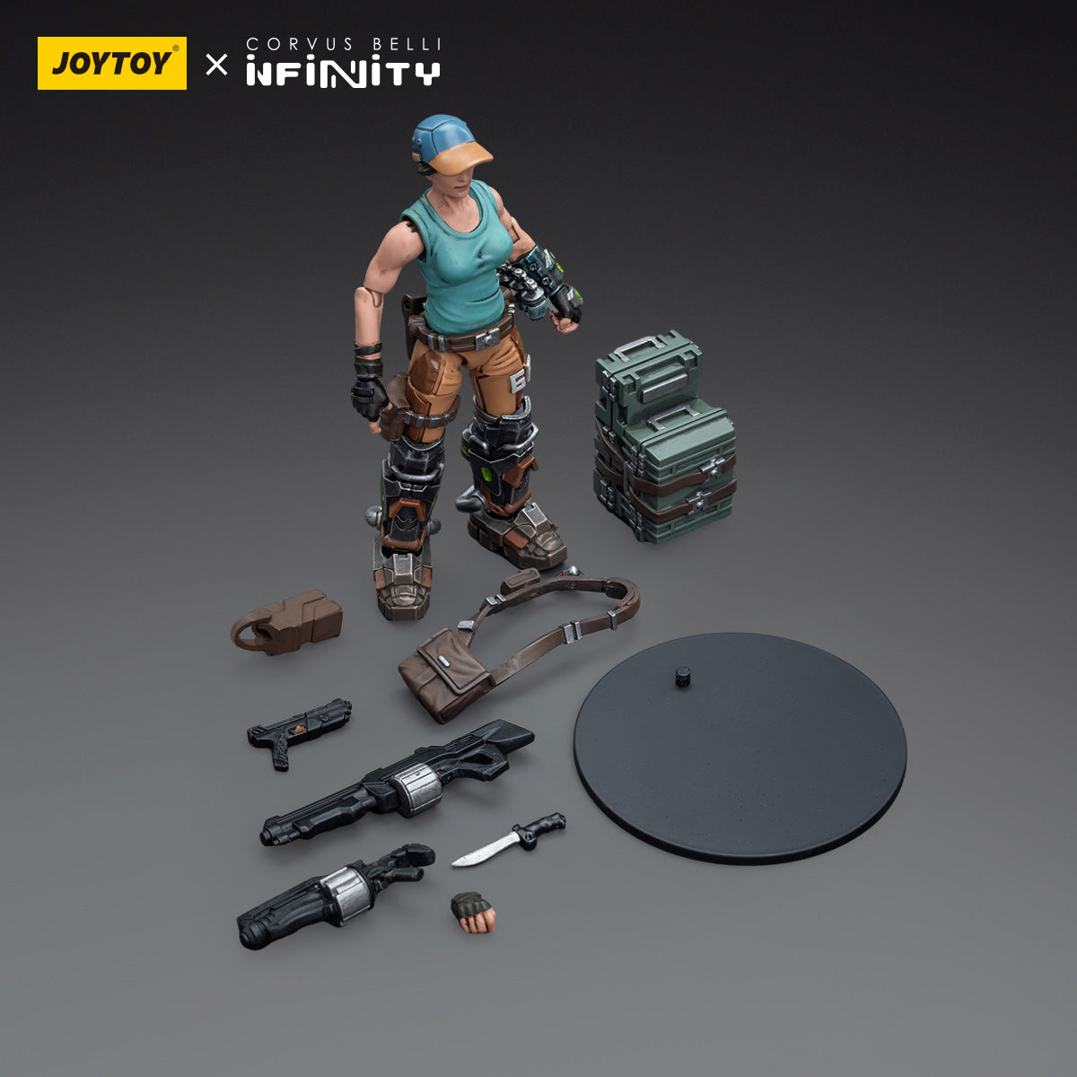 Contents of the NA2 Monstruckers (Female) set, including the highly detailed miniature of the female warrior in advanced combat armor.