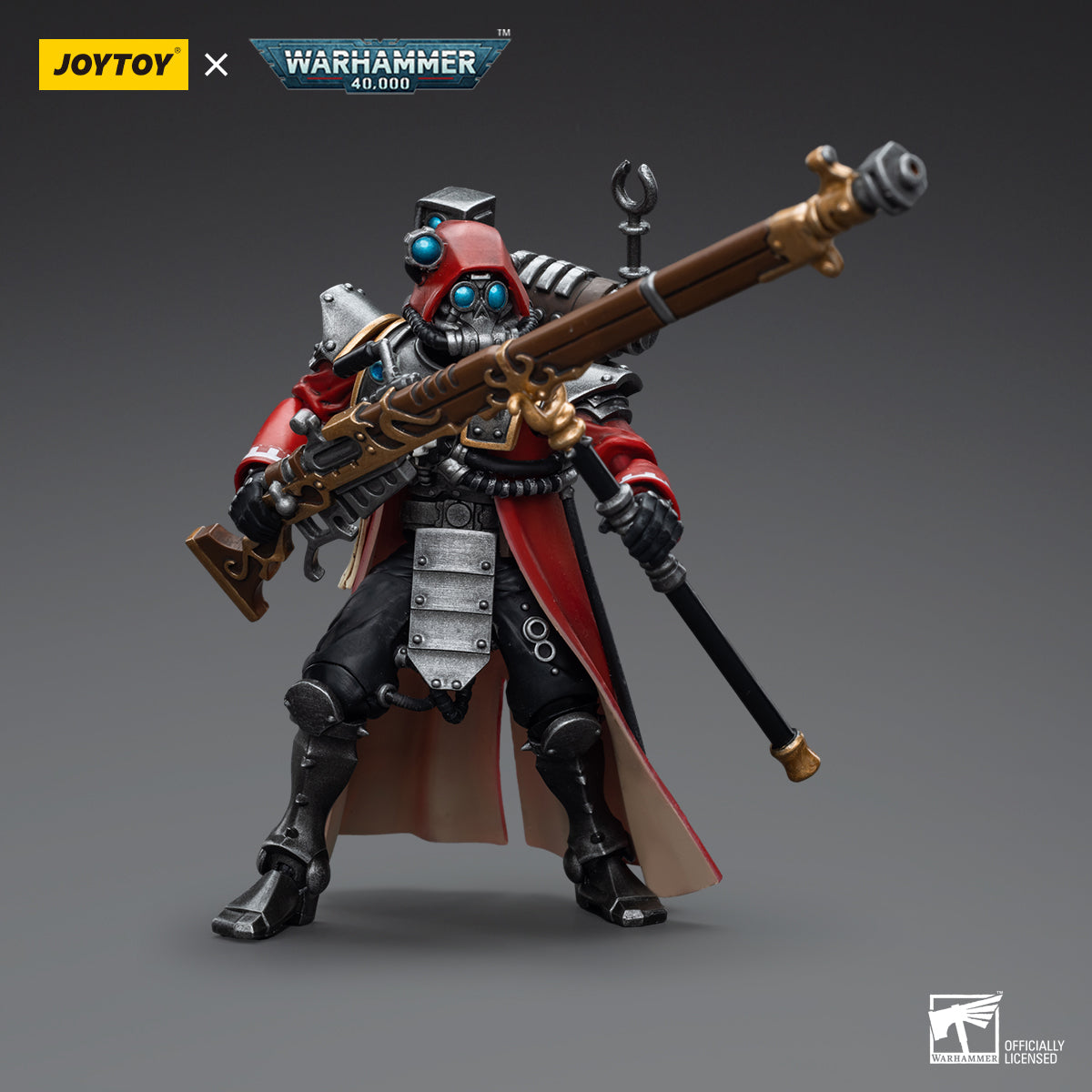 Skitarii Ranger with Transuranic Arquebus in combat pose, taking aim at an unseen target with the weapon raised and ready.