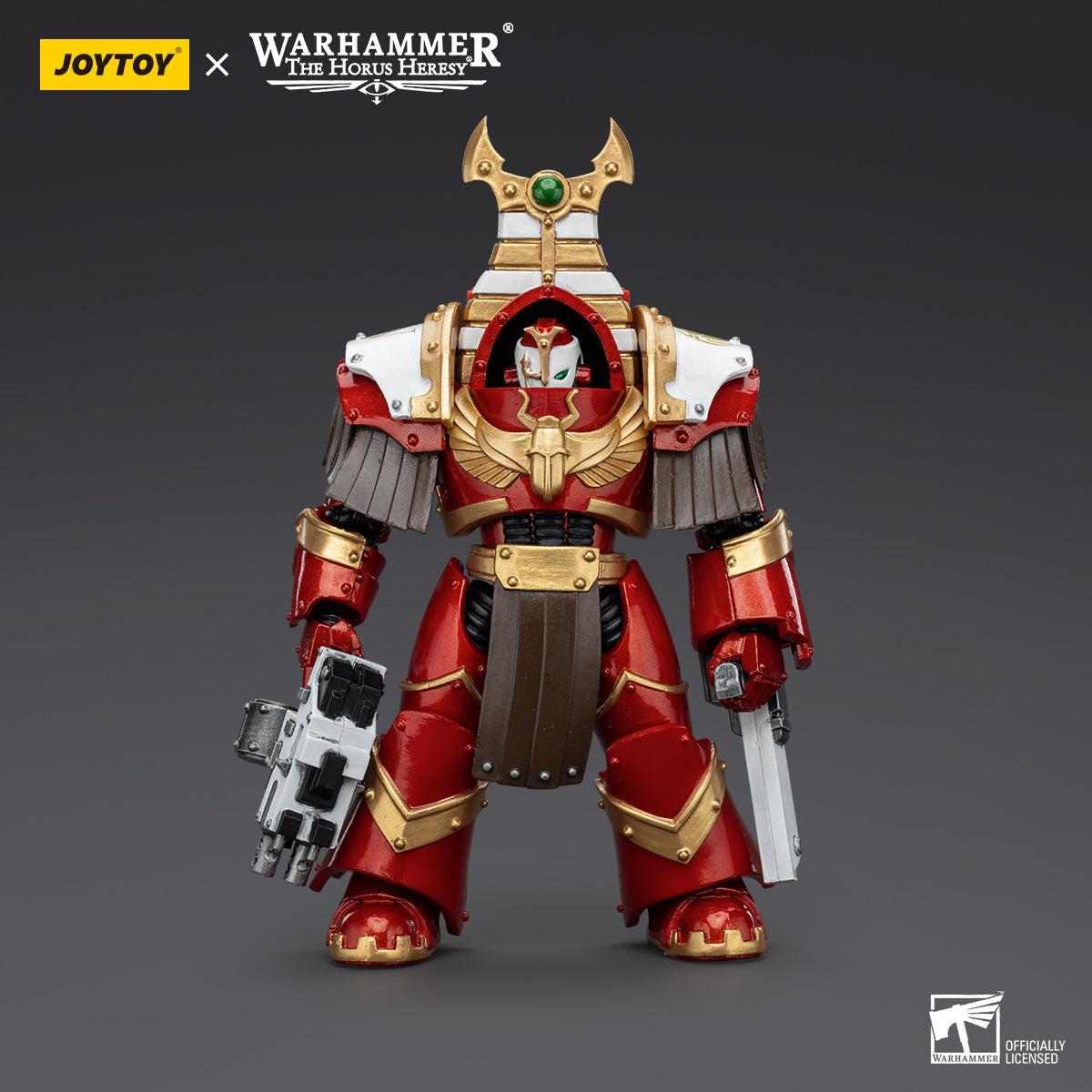 Thousand Sons Sekhmet Terminator Cabal Sekhmet with Combi-Bolter and Chainfist, front view. The figure stands tall, gripping a combi-bolter in one hand and a chainfist in the other, with intricate Terminator armor displaying ornate symbols of the Thousand Sons. The pose exudes power and readiness for combat.