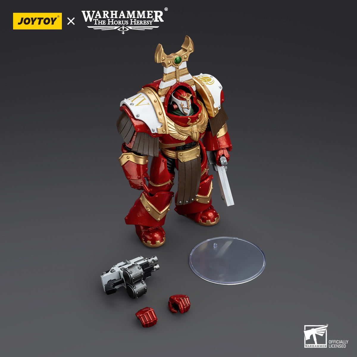 Package contents for Thousand Sons Sekhmet Terminator Cabal Sekhmet with Combi-Bolter and Chainfist, including the figure, combi-bolter, chainfist, interchangeable hands, and armor accessories. Each part is precisely crafted for a detailed and dynamic display.