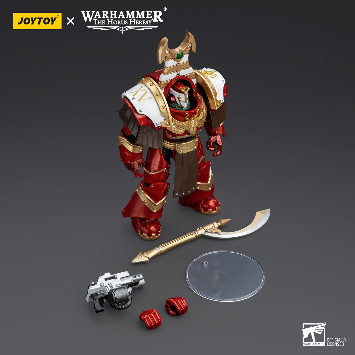 Package contents for Thousand Sons Sekhmet Terminator Cabal Sekhmet with Combi-Melta and Achea Force Weapon, including the figure, combi-melta, Achea Force Weapon, interchangeable hands, and armor accessories.