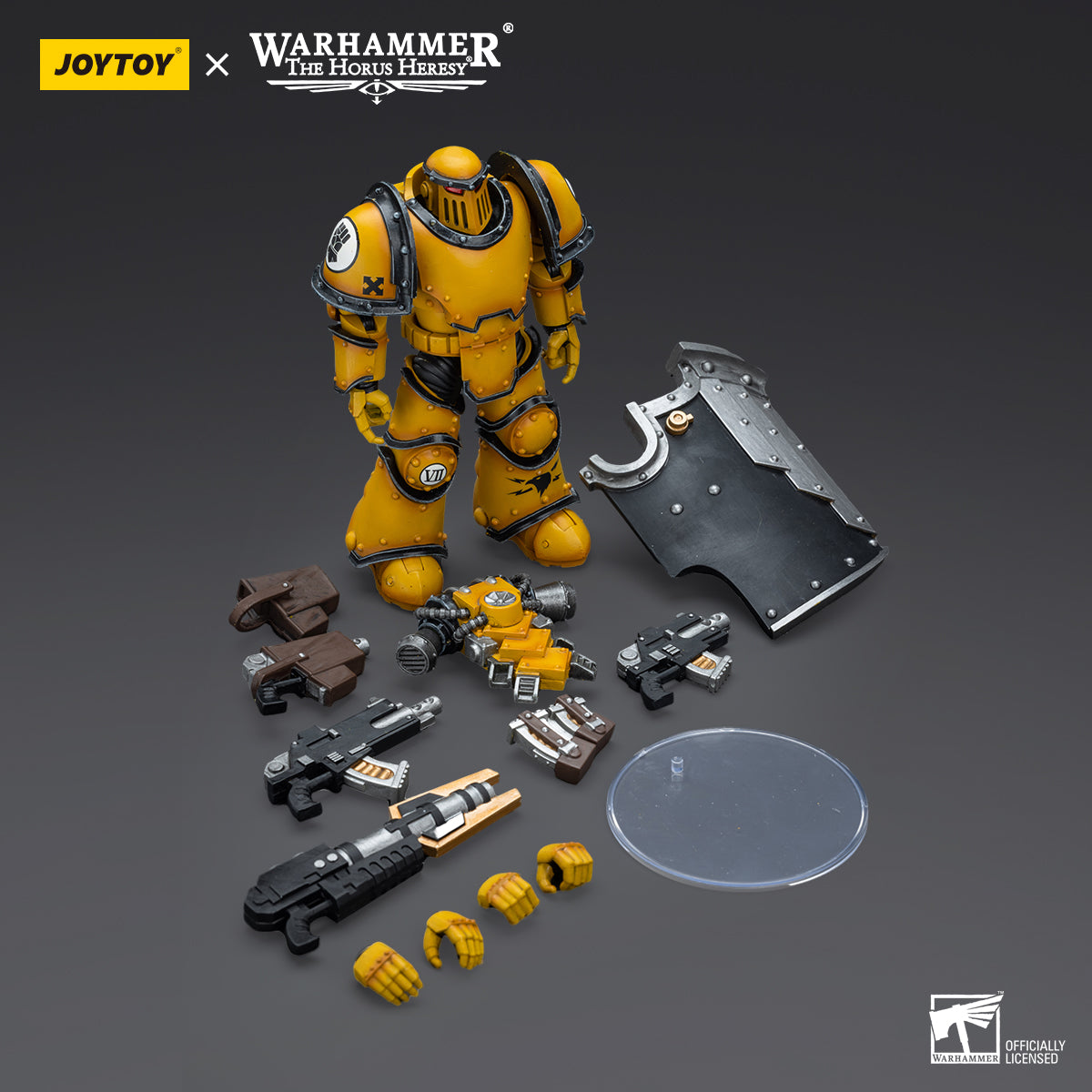 Package contents for Imperial Fists MkIII Breacher with Lascutter, including the figure, Lascutter, interchangeable hands, and additional armor accessories for customization.