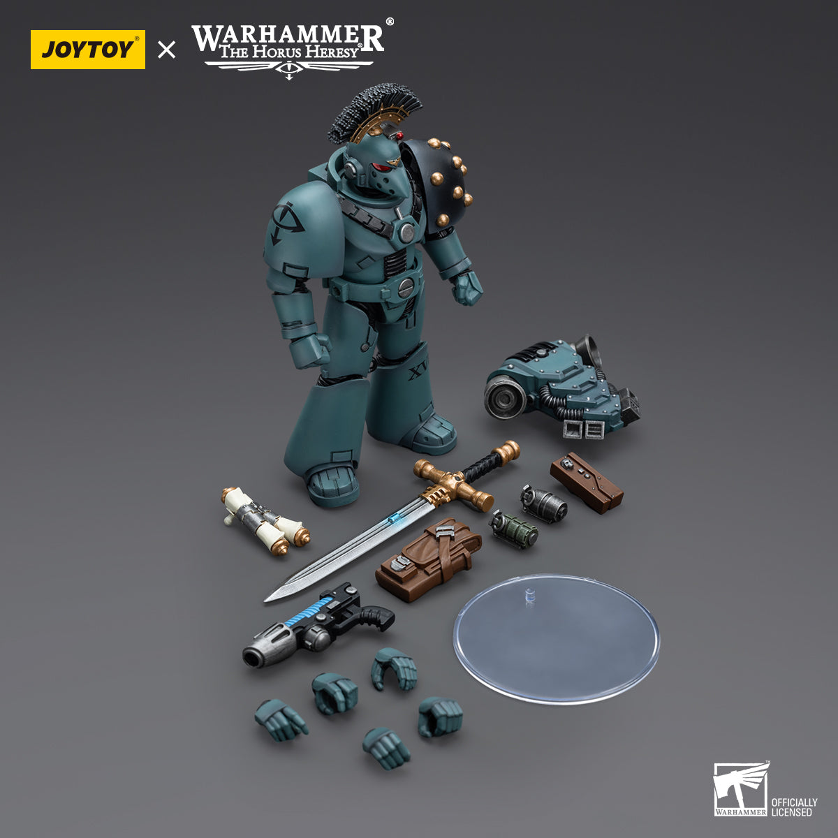 Package contents for Sons of Horus MKVI Tactical Squad Sergeant with Power Sword, including the figure, Power Sword, interchangeable hands, and armor accessories.
