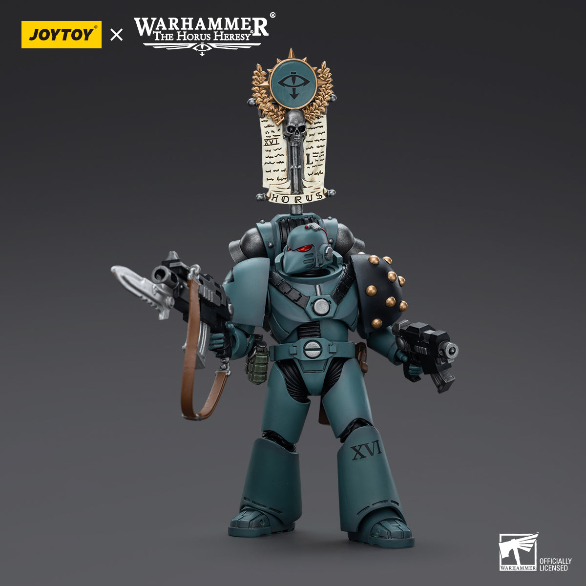 Sons of Horus MKVI Tactical Squad Legionary with Legion Vexilla, front view. The Legionary stands proudly, holding the Legion Vexilla high, with intricate MKVI armor and Sons of Horus insignia clearly visible.