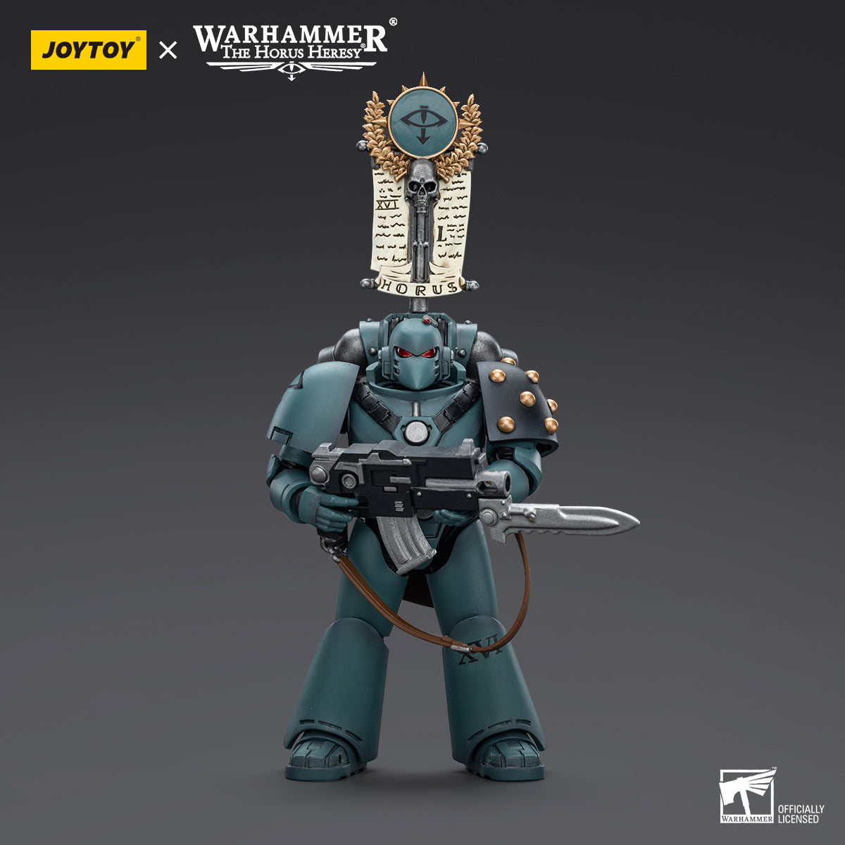 Sons of Horus MKVI Tactical Squad Legionary with Legion Vexilla, front view. The Legionary stands proudly, holding the Legion Vexilla high, with intricate MKVI armor and Sons of Horus insignia clearly visible.