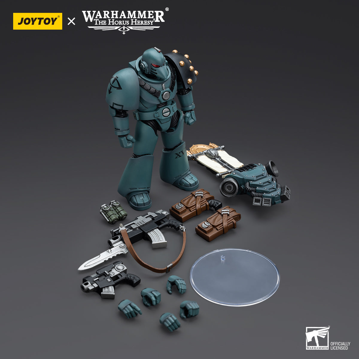 Package contents for Sons of Horus MKVI Tactical Squad Legionary with Legion Vexilla, including the figure, Legion Vexilla, interchangeable hands, and armor accessories.